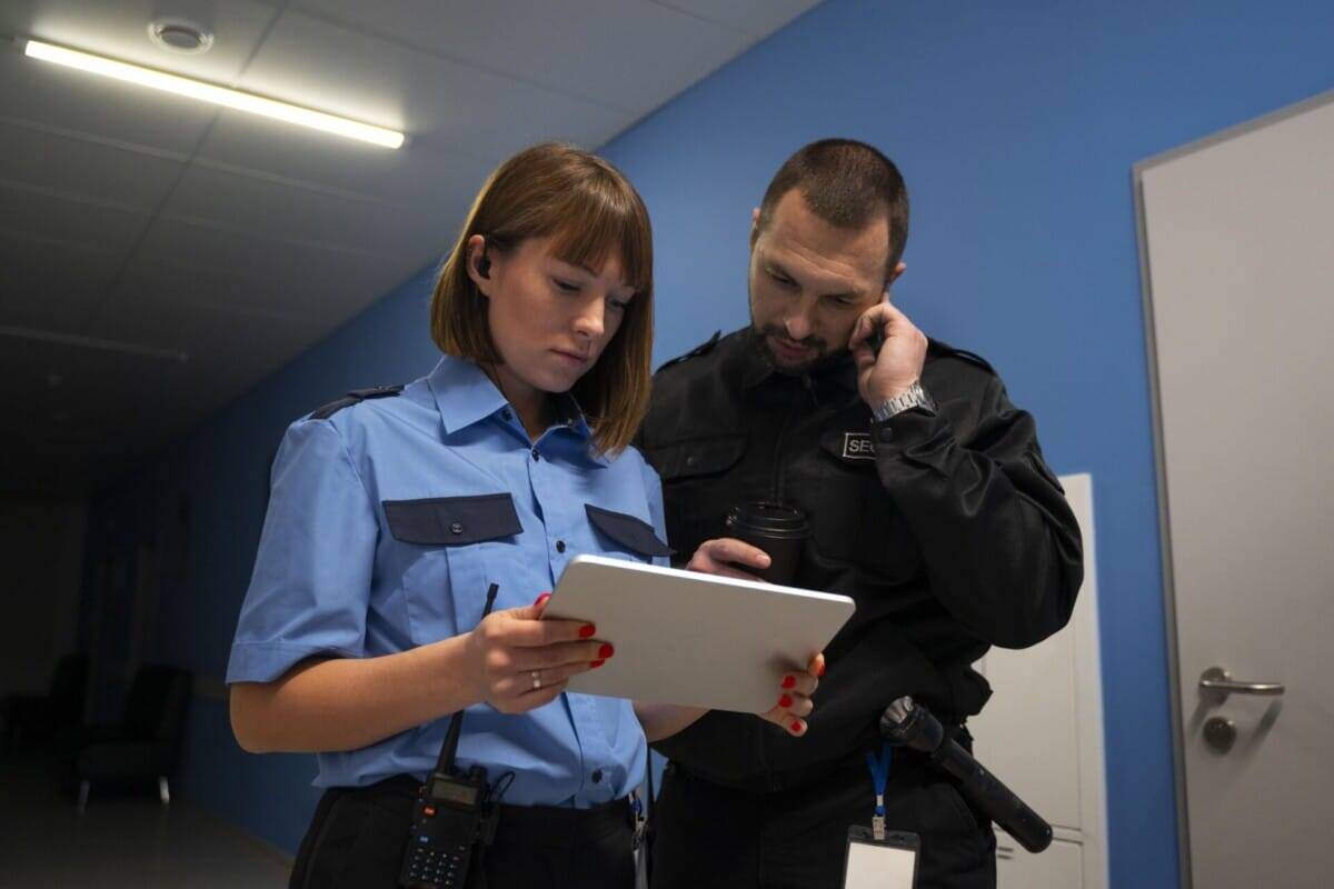Collaboration dans la preparation d'une mission de surveillance entre un Policier et un agent de gardiennage WeWatch Security.