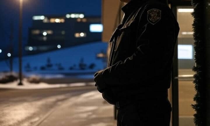 gardiennage vacances Sécurisation des entreprises pendant les vacances par un agent de gardiennage WeWatch Security. Il surveille a l exterieur par temps neigeux.