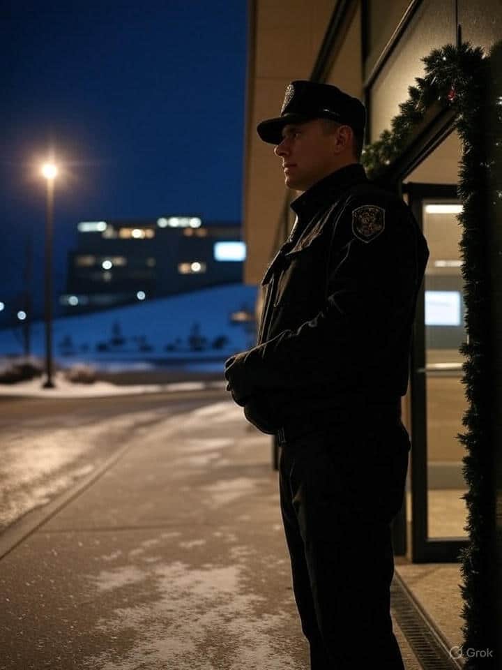 Sécurisation des entreprises pendant les vacances par un agent de gardiennage WeWatch Security. Il surveille a l exterieur par temps neigeux.