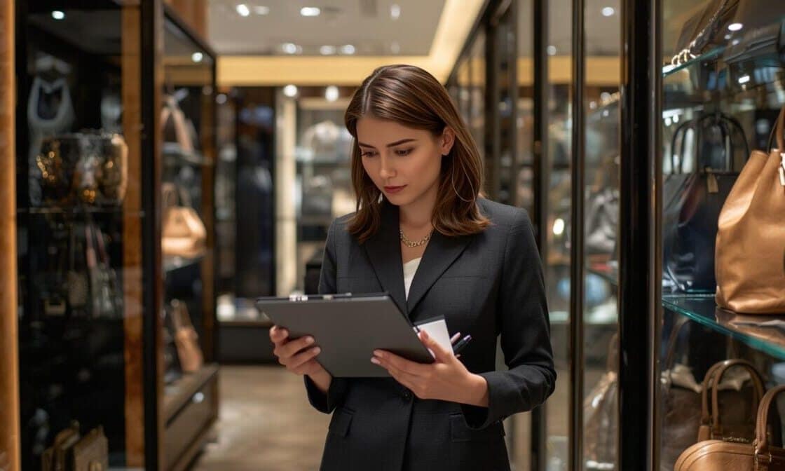 inspecteur magasin surveillant une boutique de luxe Inspecteur de magasin wewatch Security controle un rayon de magasin.