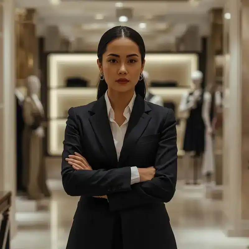 Inspecteur de magasin féminin de WeWatch Security surveillant une boutique de luxe.