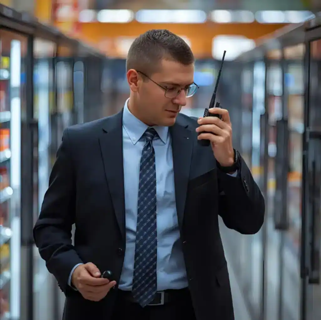 Un agent de sécurité vêtu d’un costume sombre et d’une cravate bleue parle dans un talkie-walkie tout en marchant dans une allée de magasin. Il semble concentré et professionnel, entouré de rayonnages réfrigérés bien éclairés.