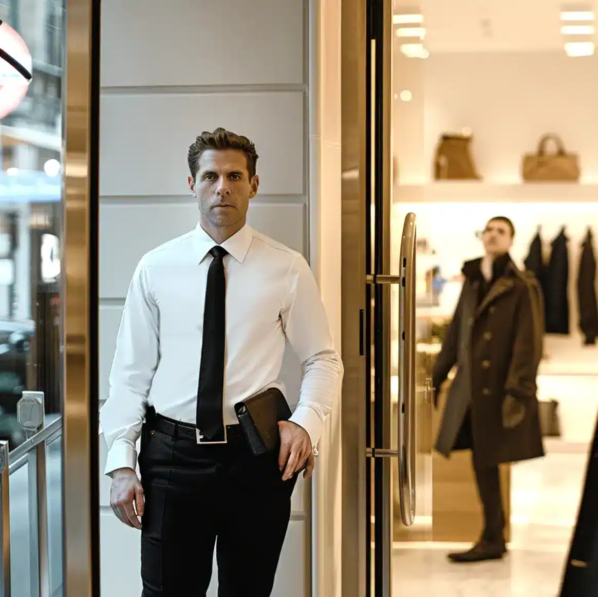 Un agent de sécurité se tient à l’entrée d’un magasin moderne et lumineux. Il porte une chemise blanche et une cravate noire sans logo, avec une attitude vigilante et bienveillante. À côté de lui, un homme vêtu d’un manteau sombre entre dans la boutique. L’intérieur du magasin est bien éclairé et ordonné, créant une atmosphère élégante et réaliste.