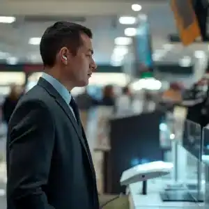 Un inspecteur de magasin Wewatch Security en civil surveille la caisse d'un magasin.