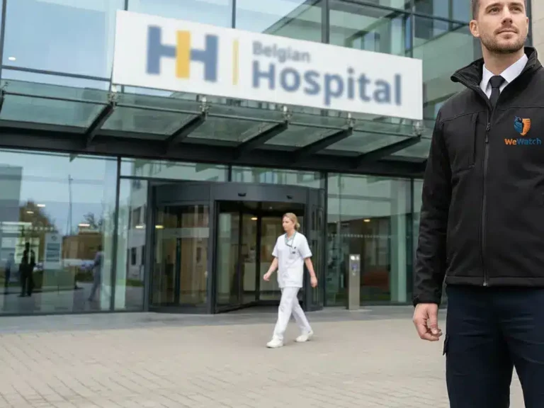 Agent de gardiennage WeWatch Security devant un hôpital à Bruxelles et en Wallonie assurant la protection du site.