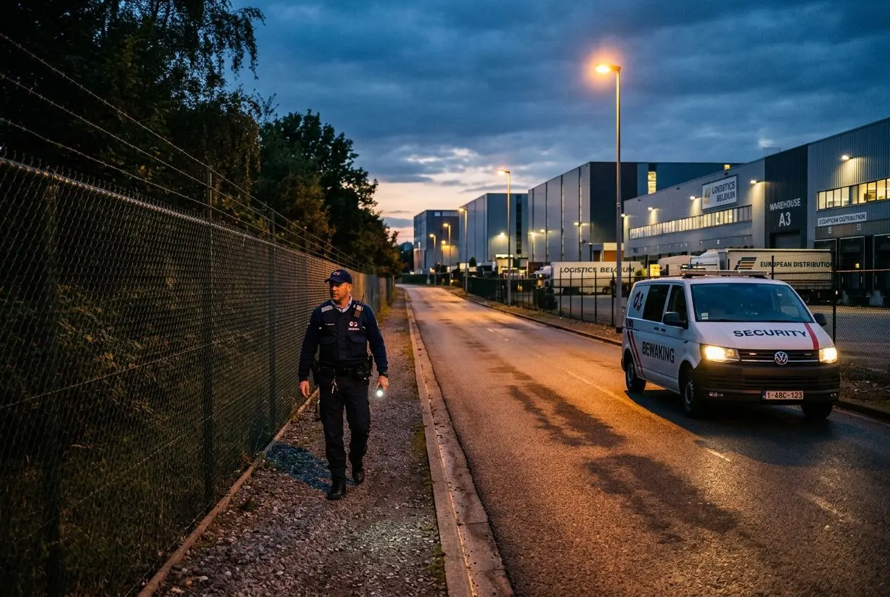 Agent de sécurité WeWatch Security en uniforme avec carte professionnelle visible, effectuant une ronde de nuit le long d'une clôture près d'un parc industriel, véhicule de surveillance à proximité.