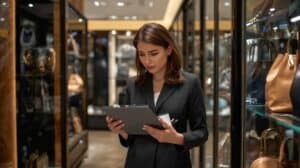 Inspectrice de magasin WeWatch Security en surveillance discrète dans une boutique