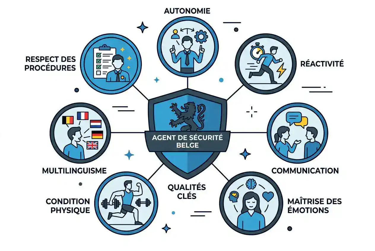 Diagramme illustrant les "Qualités clés" d’un agent de sécurité belge: autonomie, réactivité, communication, maîtrise des émotions, condition physique, multilinguisme, respect des procédures, et sécurité autour d’un blason central. Diagramme illustrant les "Qualités clés" d’un agent de sécurité belge: autonomie, réactivité, communication, maîtrise des émotions, condition physique, multilinguisme, respect des procédures, et sécurité autour d’un blason central.