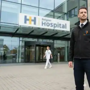 Agent de gardiennage WeWatch Security surveillant l'entrée d'un centre hospitalier.